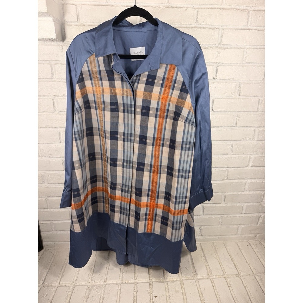Michael Faircloth Plaid Tunic Shirt Dress Blue Orange Long Sleeve Women's